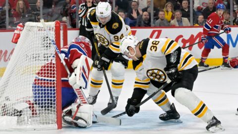 Boston Bruins forwards Patrick Brown and Jakub Lauko