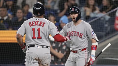 Boston Red Sox designated hitter Rafael Devers and shortstop Trevor Story