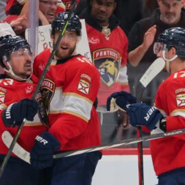 Florida Panthers forwards Brad Marchand, Evan Rodrigues, A.J. Greer