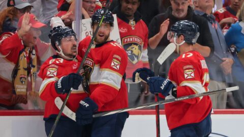 Florida Panthers forwards Brad Marchand, Evan Rodrigues, A.J. Greer