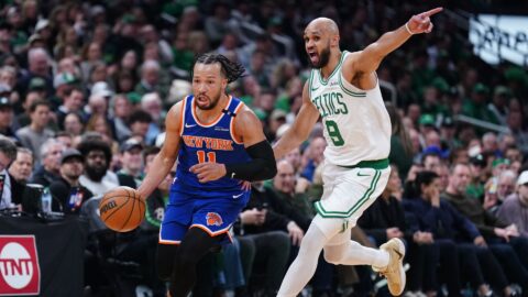 Boston Celtics guard Derrick White, New York Knicks guard Jalen Brunson