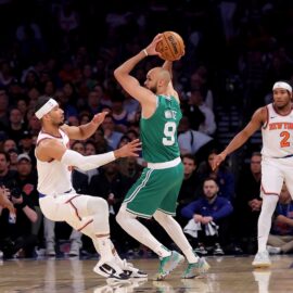 Boston Celtics guard Derrick White, New York Knicks guard Josh Hart
