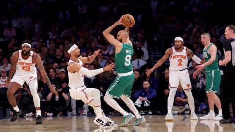 Boston Celtics guard Derrick White, New York Knicks guard Josh Hart