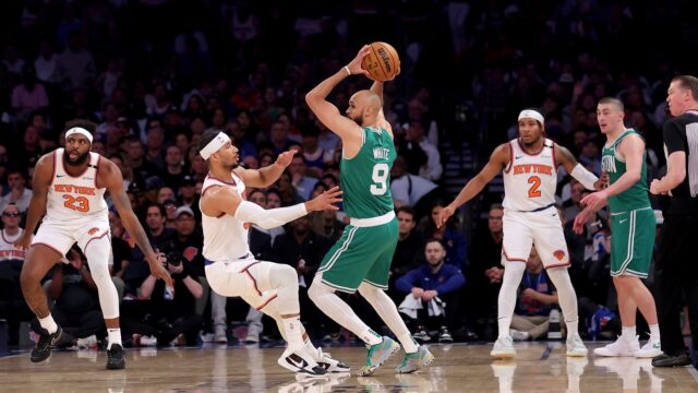 Boston Celtics guard Derrick White, New York Knicks guard Josh Hart