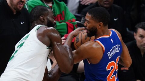 Boston Celtics guard Jaylen Brown, New York Knicks forward Mikal Bridges