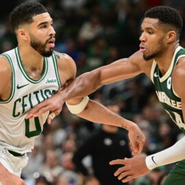 Boston Celtics forward Jayson Tatum and Milwaukee Bucks forward Giannis Antetokounmpo