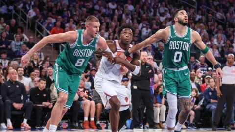 Boston Celtics center Kristaps Porzingis, forward Jayson Tatum, New York Knicks forward OG Anunoby