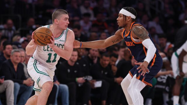 Boston Celtics guard Payton Pritchard, New York Knicks guard Miles McBride