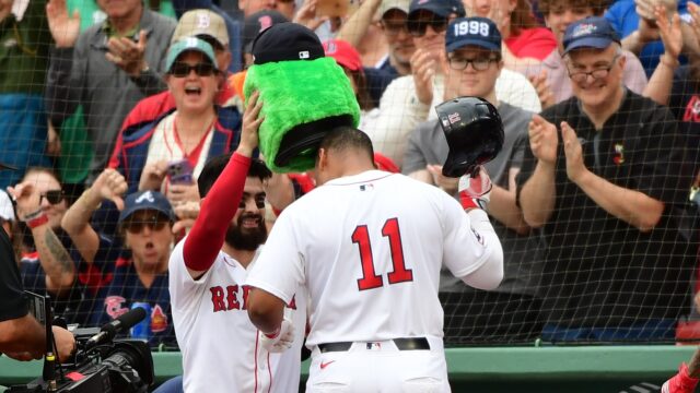 Boston Red Sox catcher Connor Wong, designated hitter Rafael Devers