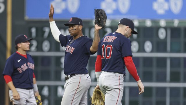 Boston Red Sox designated hitter Rafael Devers, shortstop Trevor Story