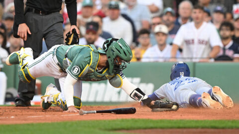Boston Red Sox catcher Connor Wong and Toronto Blue Jays third baseman Ernie Clement