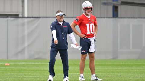 New England Patriots quarterback Drake Maye and offensive coordinator Josh McDaniels