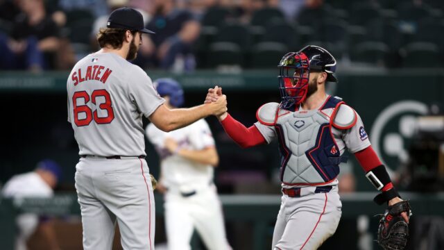 Boston Red Sox pitcher Justin Slaten and catcher Connor Wong