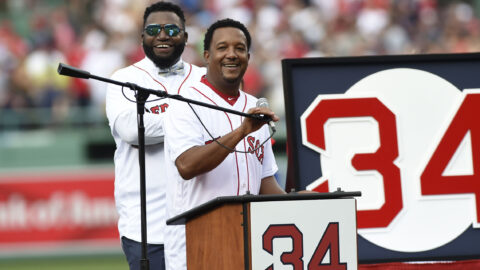 Former Boston Red Sox pitcher Pedro Martinez and designated hitter David Ortiz