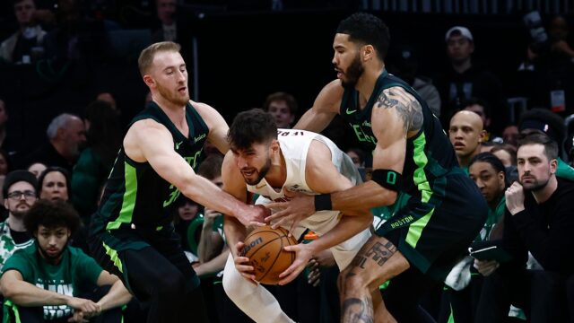 Boston Celtics forwards Sam Hauser, Jayson Tatum
