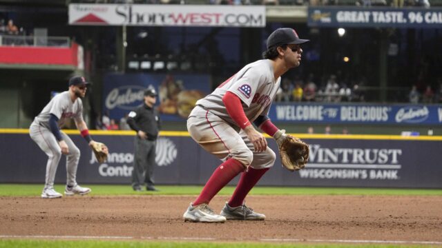 Boston Red Sox infielders Trevor Story and Marcelo Mayer