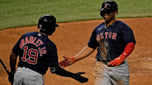 Former Boston Red Sox center fielder Jackie Bradley Jr. and San Francisco Giants designated hitter Rafael Devers