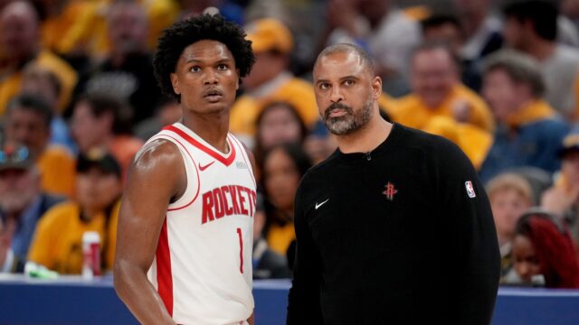 Houston Rockets head coach Ime Udoka, forward Amen Thompson