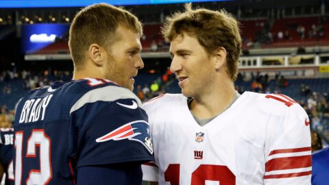 New England Patriots quarterback Tom Brady and New York Giants quarterback Eli Manning