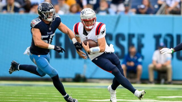 New England Patriots linebacker Jack Gibbens, quarterback Drake Maye