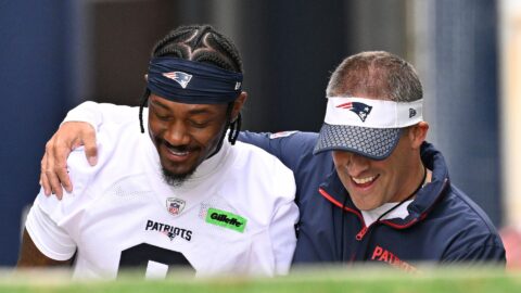 New England Patriots offensive coordinator Josh McDaniels and wide receiver Stefon Diggs
