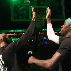 Boston Celtics guard Derrick White and Portland Trail Blazers guard Jrue Holiday