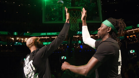 Boston Celtics guard Derrick White and Portland Trail Blazers guard Jrue Holiday