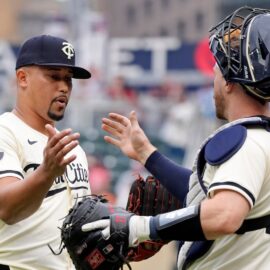 Minnesota Twins pitcher Jhoan Durán and catcher Ryan Jeffers