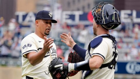 Minnesota Twins pitcher Jhoan Durán and catcher Ryan Jeffers