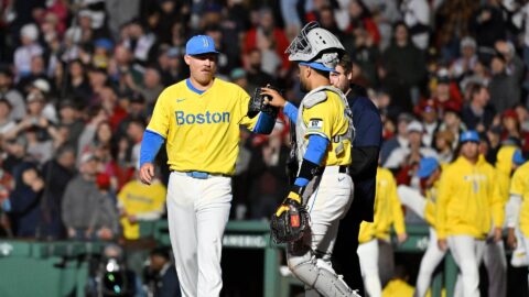 Boston Red Sox pitcher Josh Winckowski and catcher Carlos Narváez