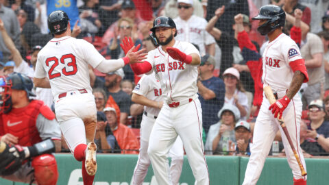 Boston Red Sox first baseman Romy Gonzalez, right fielder Wilyer Abreu, and center fielder Ceddanne Rafaela