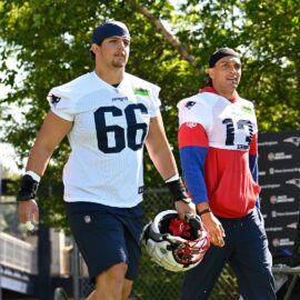 New England Patriots offensive lineman Will Campbell and wide receiver Mack Hollins