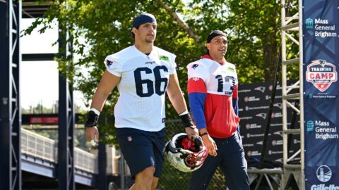 New England Patriots offensive lineman Will Campbell and wide receiver Mack Hollins