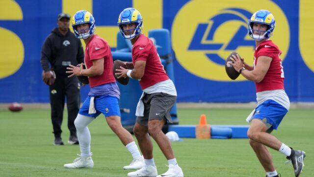 Los Angeles Rams quarterbacks Matthew Stafford, Jimmy Garoppolo and Stetson Bennett