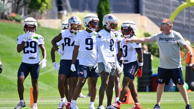 New England Patriots wide receivers Jeremiah Webb, Kendrick Bourne, Kayshon Boutte, Stefon Diggs and DeMario Douglas