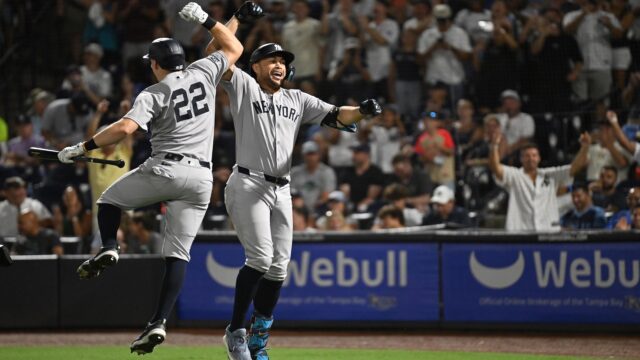 New York Yankees players Ben Rice and Giancarlo Stanton