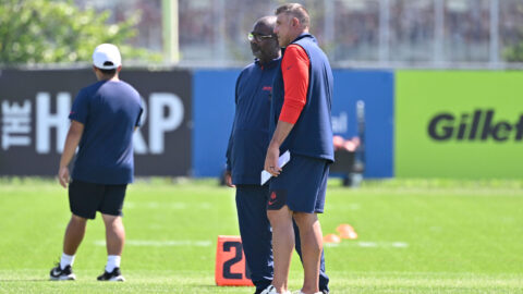 New England Patriots defensive coordinator Terrell Williams and head coach Mike Vrabel