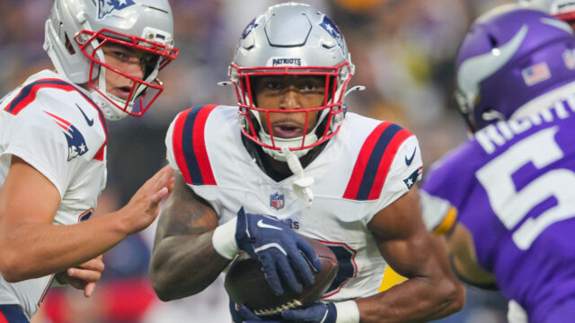 New England Patriots running back TreVeyon Henderson