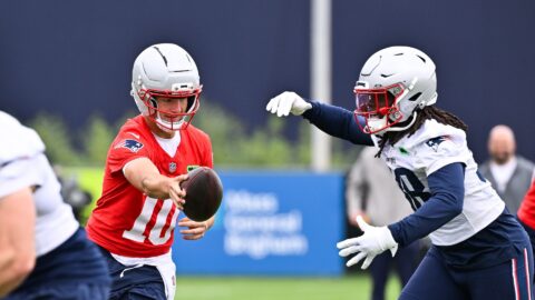 New England Patriots quarterback Drake Maye and running back Rhamondre Stevenson