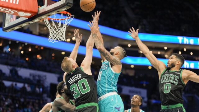 Boston Celtics forwards Jayson Tatum and Sam Hauser