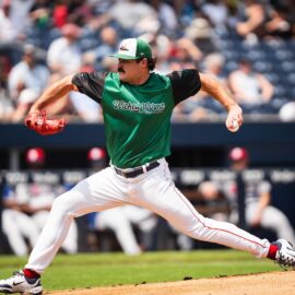 WooSox pitcher Payton Tolle gets ready to throw a pitch during his first Triple-A start on Aug. 10, 2025 at Polar Park.