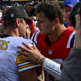 Pittsburgh Steelers quarterback Aaron Rodgers and New England Patriots quarterback Drake Maye