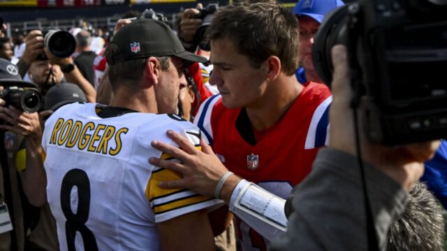 Pittsburgh Steelers quarterback Aaron Rodgers and New England Patriots quarterback Drake Maye