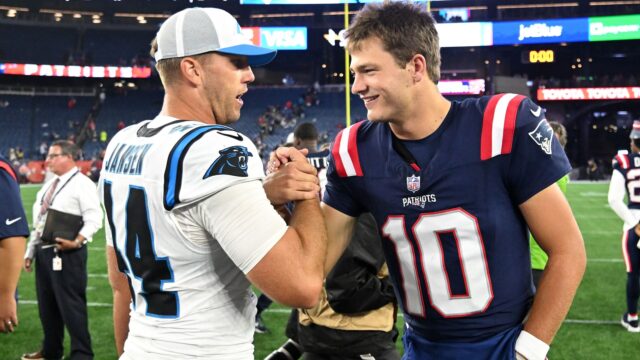 Carolina Panthers long snapper JJ Jansen and New England Patriots quarterback Drake Maye