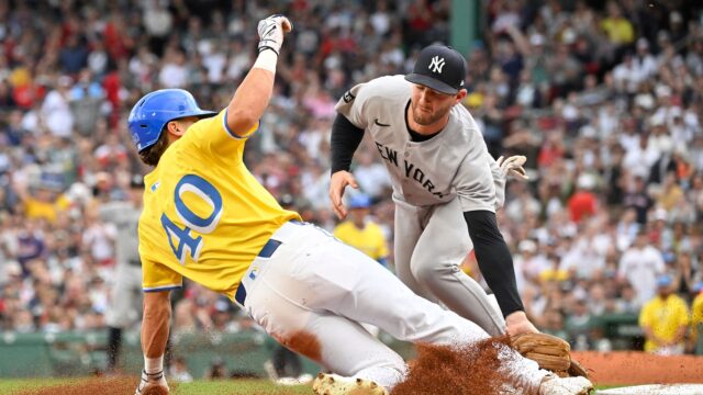 Boston Red Sox outfielder Nate Eaton and New York Yankees third baseman Ryan McMahon