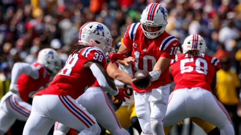 New England Patriots quarterback Drake Maye and running back Rhamondre Stevenson