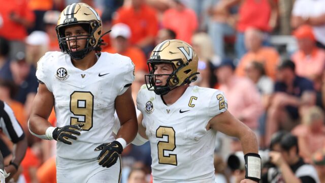 Vanderbilt Commodores quarterback Diego Pavia and tight end Eli Stowers