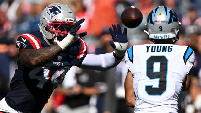 New England Patriots linebacker K'Lavon Chaisson and Carolina Panthers quarterback Bryce Young