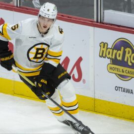Boston Bruins defenseman Mason Lohrei