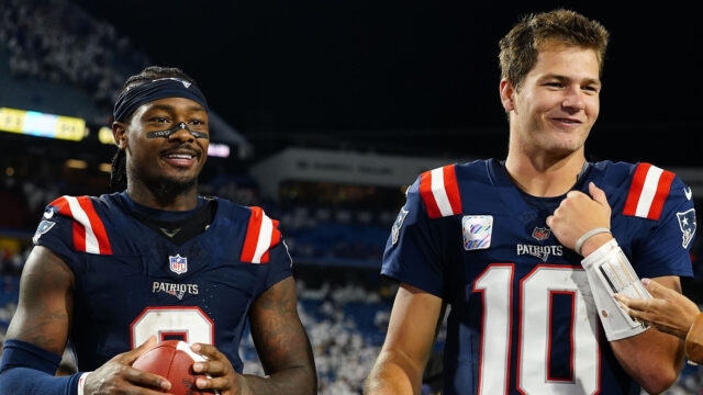 New England Patriots wide receiver Stefon Diggs and quarterback Drake Maye